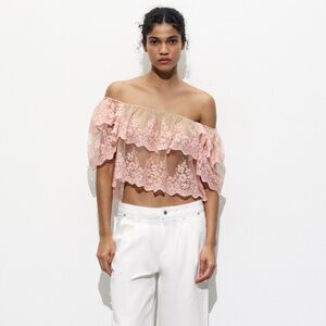 ZARA EMBROIDERED SEMI SHEER RUFFLE LACE CROPPED BLOUSE TOP Pink S